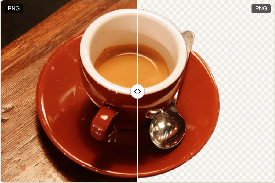 A coffee cup on a saucer: the original photo on the left, the cut-out on a transparent background on the right
